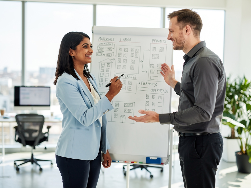 Team diskutiert Immobilienunterlagen an einem modernen Arbeitsplatz