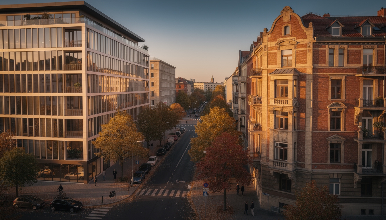 Modernes Neubaugebäude neben einem historischen Bestandsgebäude in Berlin